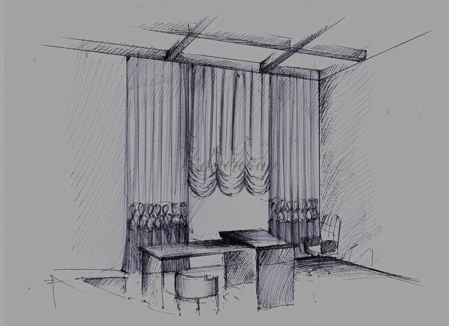 Эскиз оформления кабинета французскими шторами