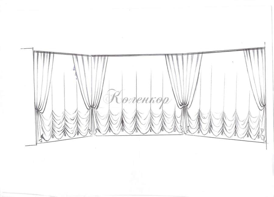 Эскиз оформления большой комнаты французскими шторами